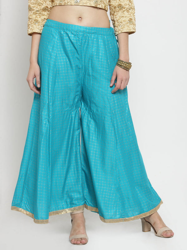 Women's Turquoise Printed Rayon Wide Leg Palazzo - Wahe-NOOR