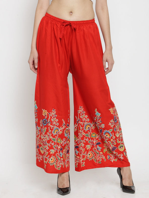 Women's Red Printed Rayon Palazzo - Wahe-NOOR