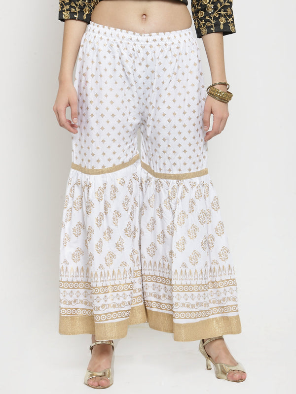 Women's White Printed Rayon Gharara - Wahe-NOOR