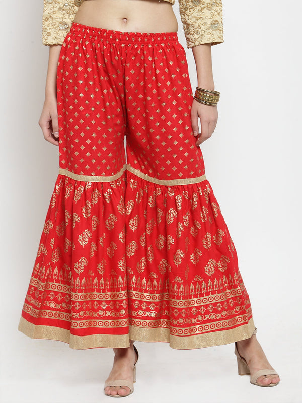 Women's Red Printed Rayon Gharara - Wahe-NOOR