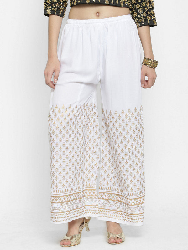 Women's White Printed Rayon Palazzo - Wahe-NOOR