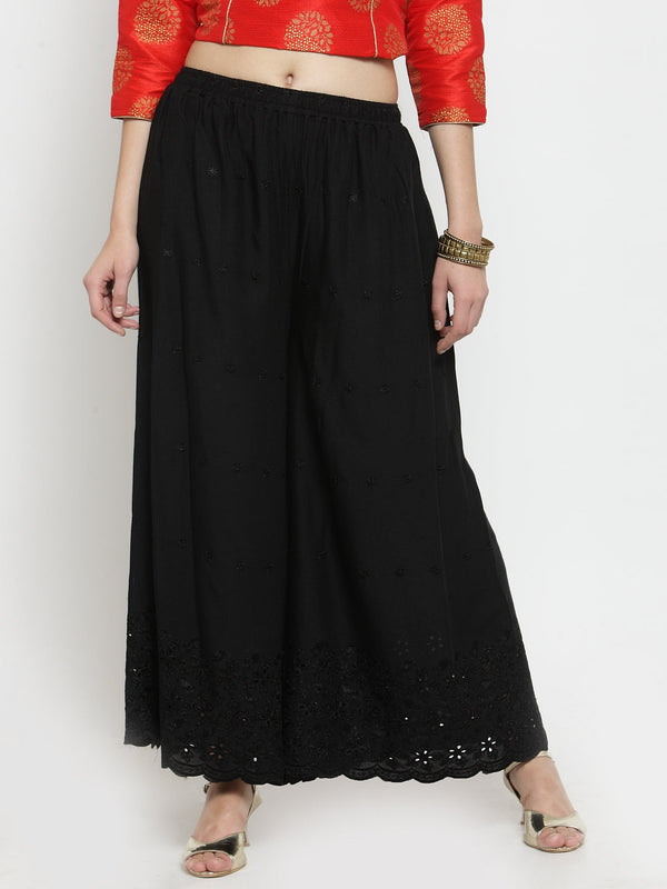 Women's Black Half Chikankari Rayon Sharara - Wahe-NOOR