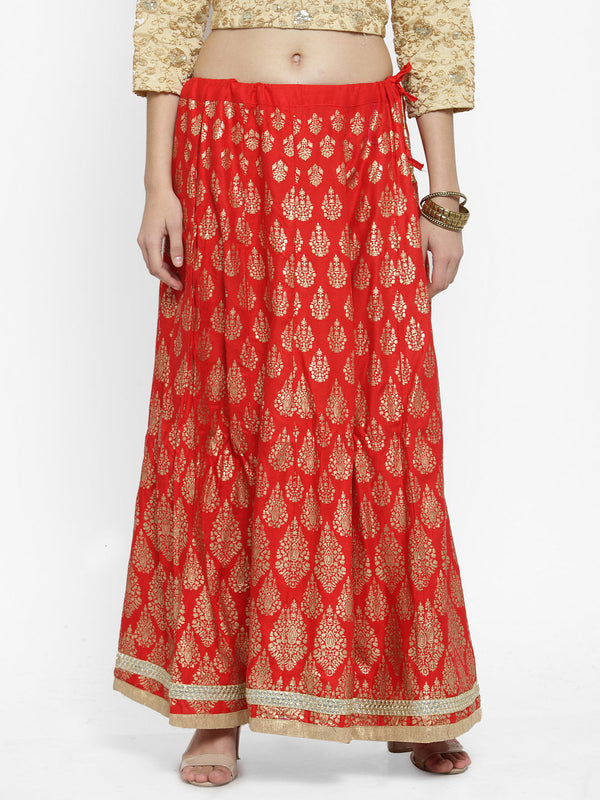 Women's Red Printed Embellished Flared Skirt - Wahe-NOOR