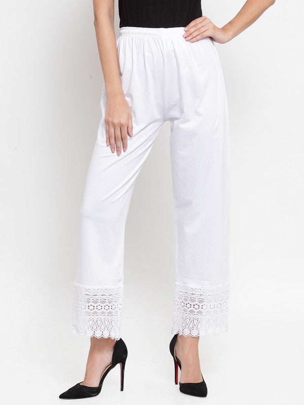 Women's White Viscose Lace Palazzo - Wahe-NOOR