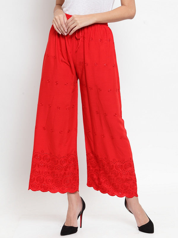 Women's Red Chikankari Rayon Palazzo - Wahe-NOOR