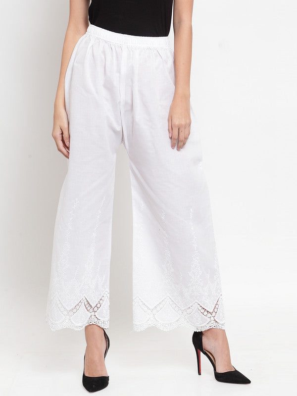 Women's White Straight Chikan Palazzo - Wahe-NOOR