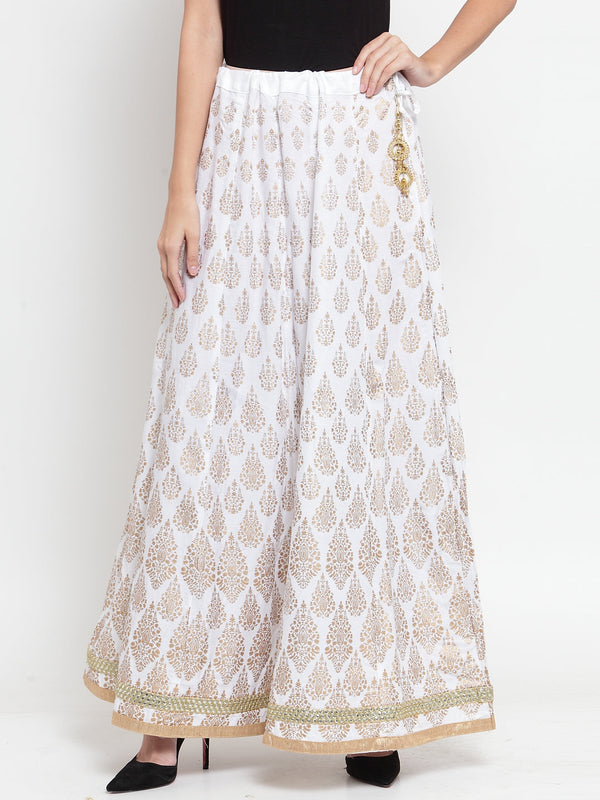 Women's White Embellished Rayon Flared Skirt - Wahe-NOOR