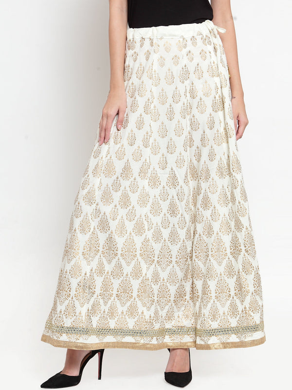 Women's Cream Embellished Rayon Flared Skirt - Wahe-NOOR