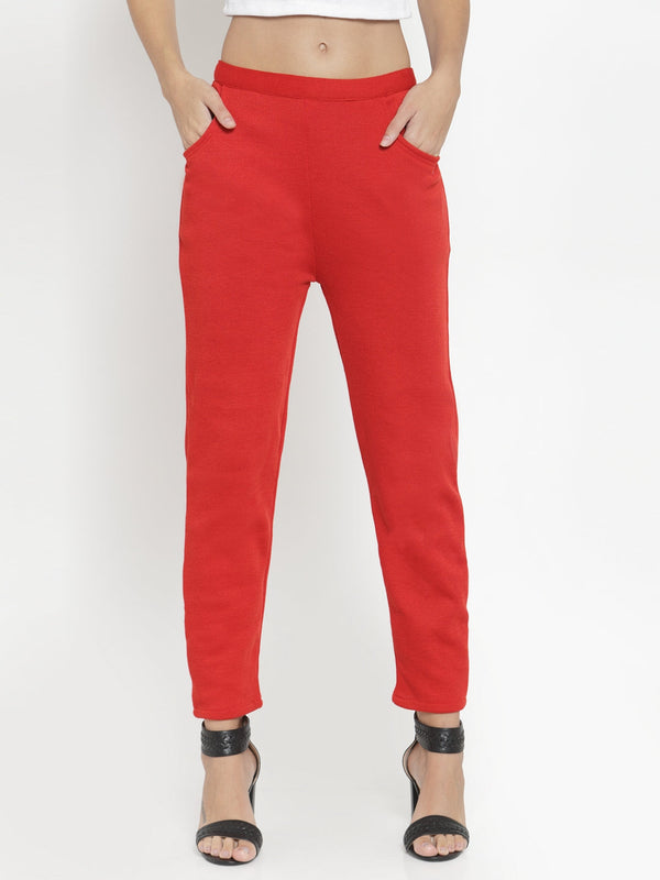 Women's Red Woolen Solid Pant - Wahe-NOOR