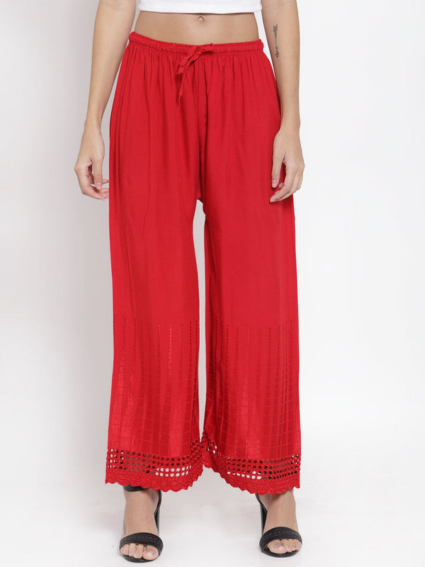 Women's Red Self Design Rayon Palazzo - Wahe-NOOR