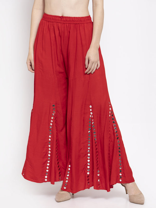 Women's Red Flared Embellished Sharara - Wahe-NOOR