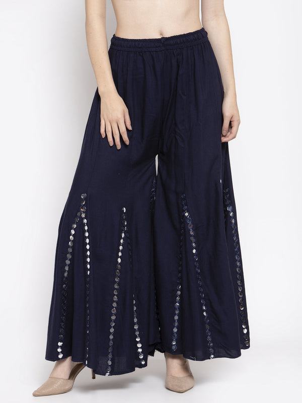 Women's Navy Blue Flared Embellished Sharara - Wahe-NOOR