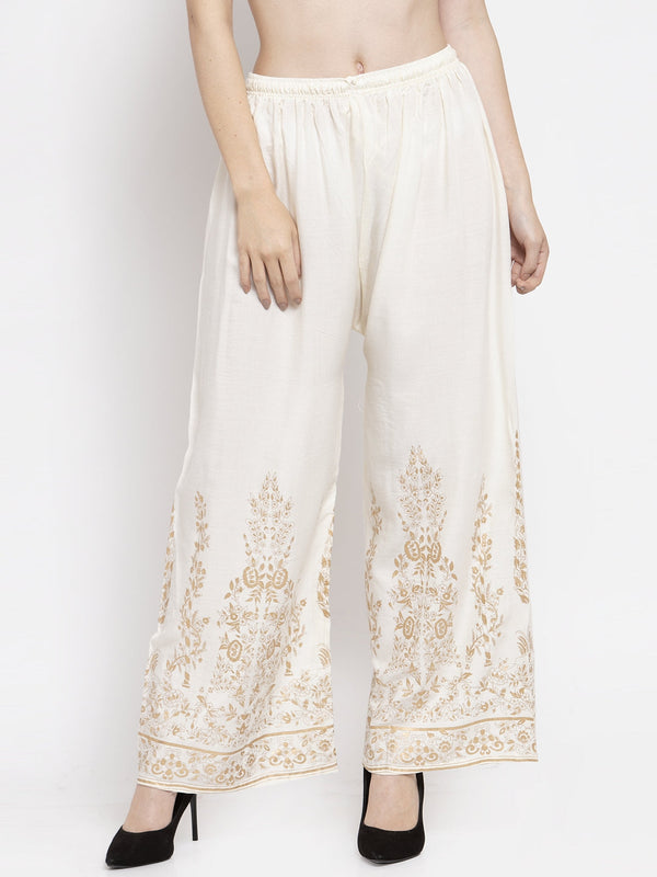 Women's Cream Straight Printed Rayon Palazzo - Wahe-NOOR