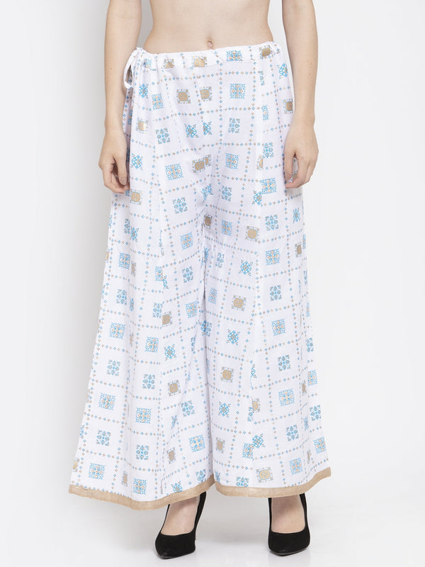 Women's White Rayon Printed Sharara - Wahe-NOOR