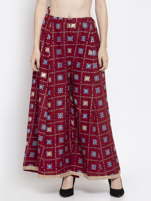 Women's Maroon Printed Rayon Sharara - Wahe-NOOR