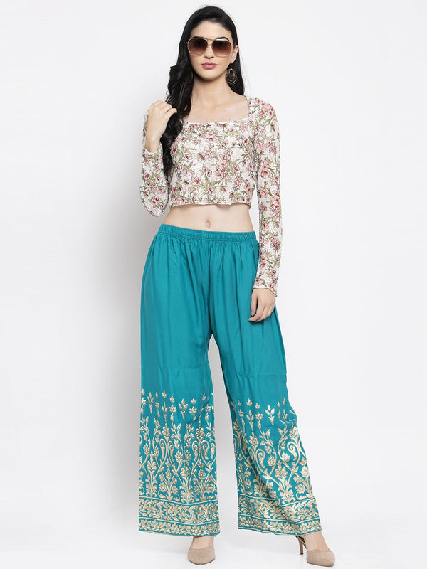 Women's Turquoise Rayon Printed Palazzo - Wahe-NOOR