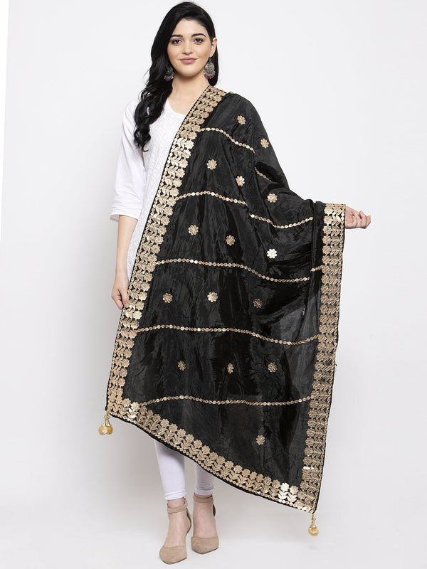 Women's Black Gotta Patti Poly Silk Dupatta - Wahe-NOOR