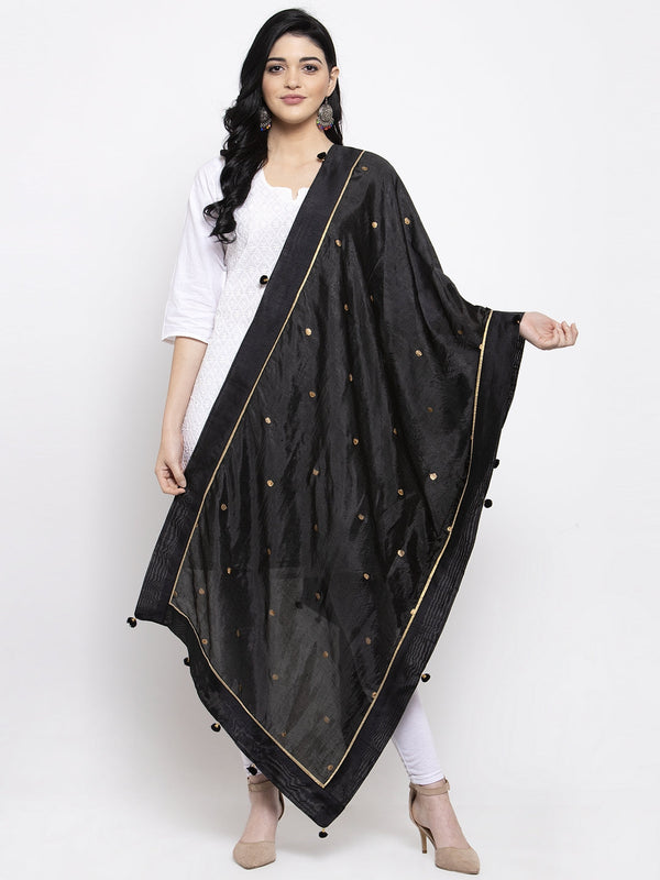 Women's Black Polka Dots Poly Silk Dupatta - Wahe-NOOR