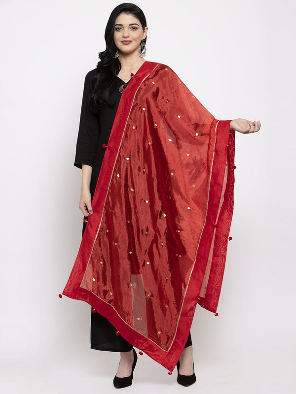 Women's Red Polka Dots Poly Silk Dupatta - Wahe-NOOR