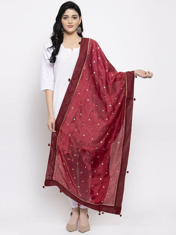 Women's Maroon Polka Dots Poly Silk Dupatta - Wahe-NOOR