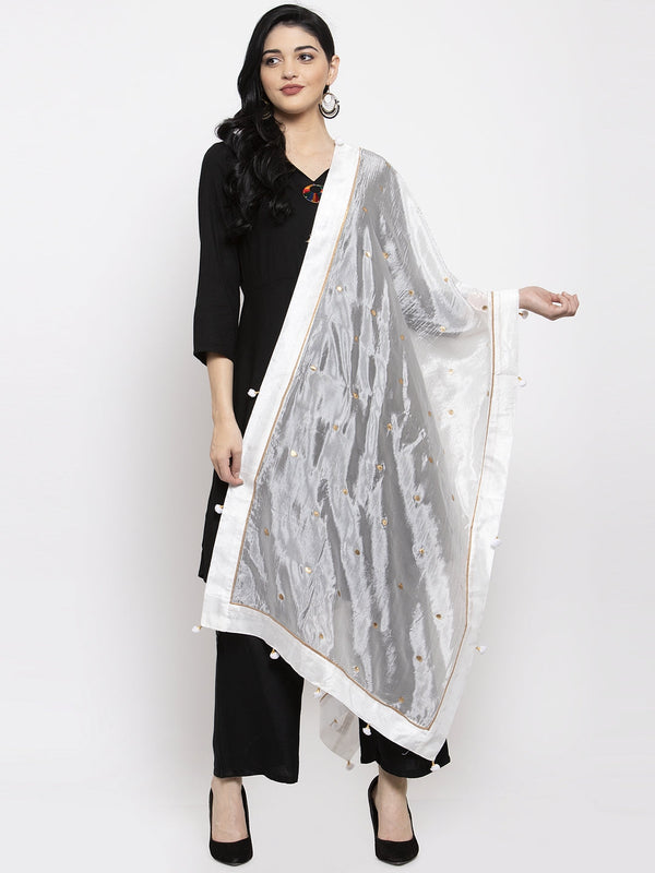 Women's White Polka Dots Poly Silk Dupatta - Wahe-NOOR