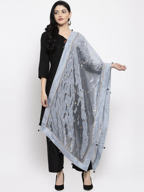 Women's Grey Polka Dots Poly Silk Dupatta - Wahe-NOOR