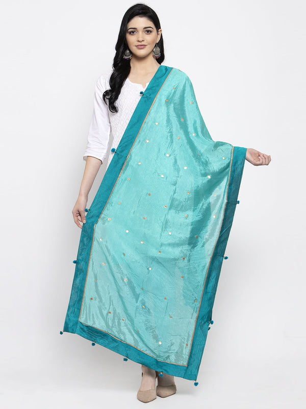 Women's Turquoise Polka Dots Poly Silk Dupatta - Wahe-NOOR