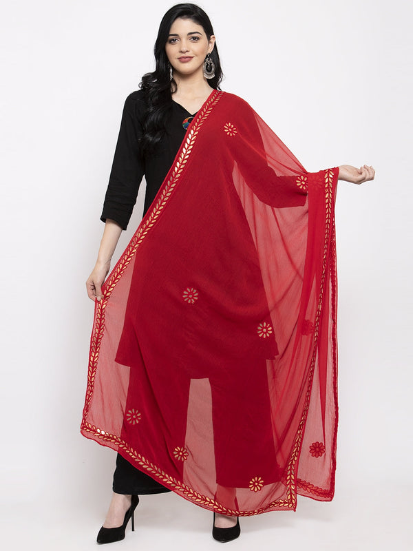 Women's Red Gotta Patti Chiffon Dupatta - Wahe-NOOR