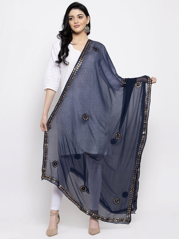 Women's Navy Blue Gotta Patti Chiffon Dupatta - Wahe-NOOR