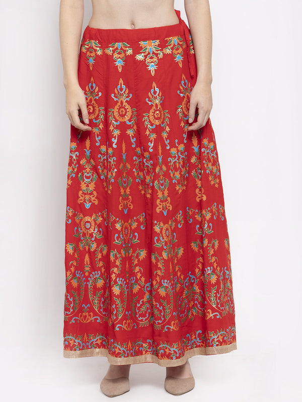 Women's Red Printed Flared Rayon Maxi Skirt - Wahe-NOOR