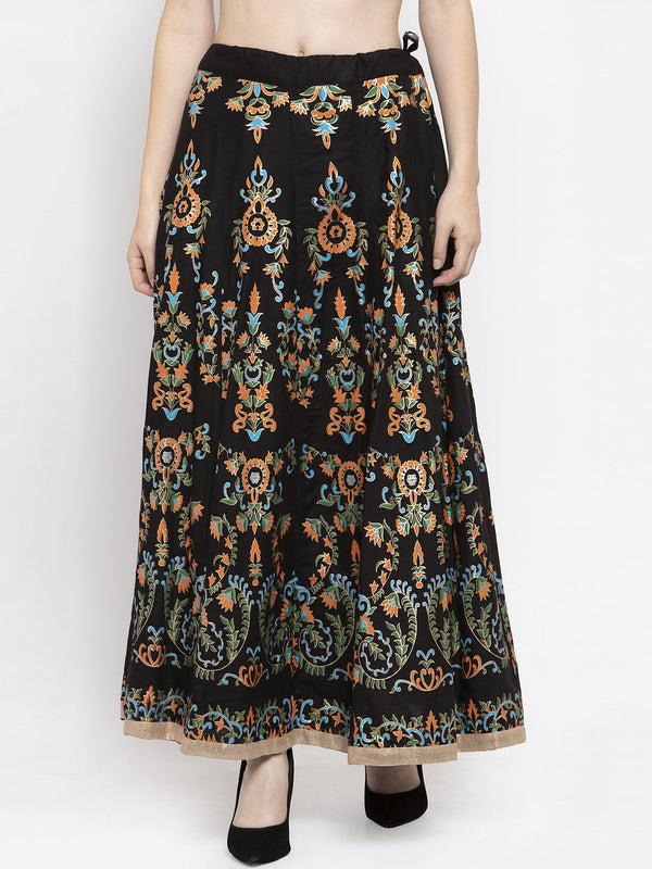 Women's Black Printed Flared Rayon Maxi Skirt - Wahe-NOOR