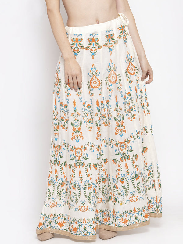 Women's Cream Printed Flared Rayon Maxi Skirt - Wahe-NOOR