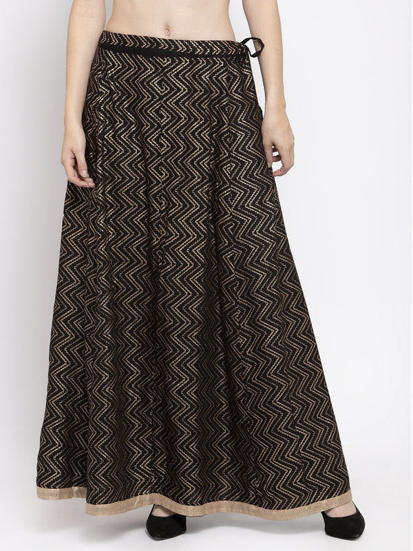 Women's Black Zigzag Printed Flared Maxi Skirt - Wahe-NOOR