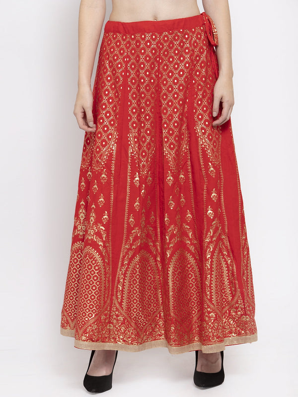 Women's Red Printed Flared Rayon Skirt - Wahe-NOOR