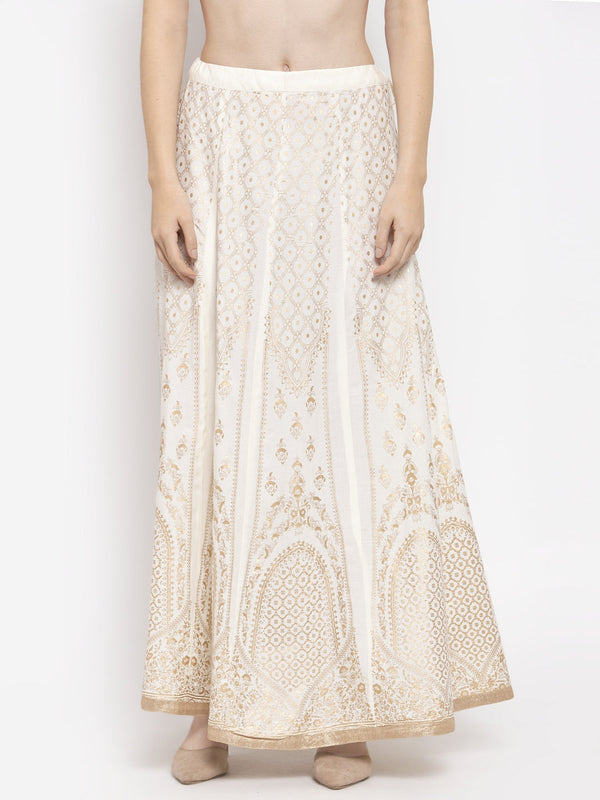 Women's Cream Printed Flared Rayon Skirt - Wahe-NOOR