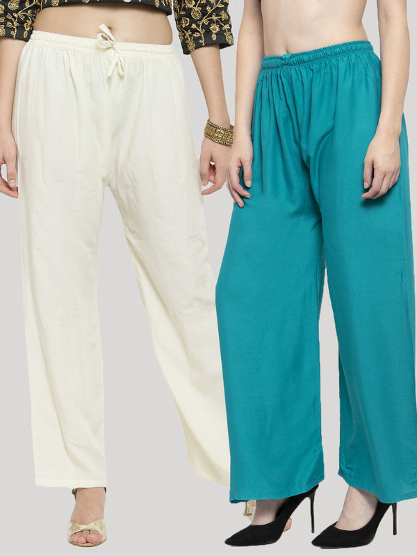 Women's Solid Off-White & Turquoise Rayon Palazzo (Pack Of 2) - Wahe-NOOR