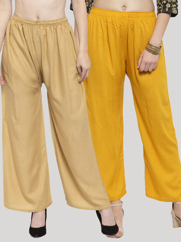 Women's Solid Fawn & Mustard Rayon Palazzo (Pack Of 2) - Wahe-NOOR