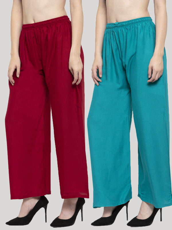 Women's Solid Maroon & Turquoise Rayon Palazzo (Pack Of 2) - Wahe-NOOR