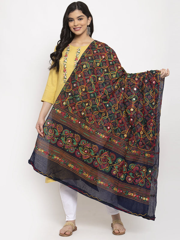 Women's Navy Blue Embroidered Dupatta - Wahe-NOOR