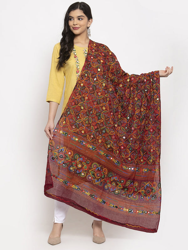 Women's Maroon Embroidered Dupatta - Wahe-NOOR