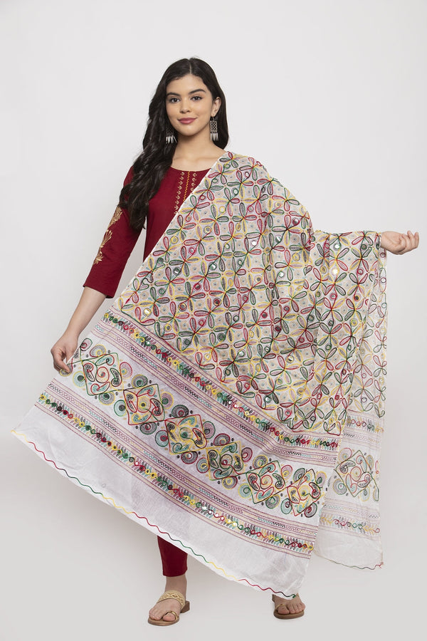 Women's White Embroidered Dupatta - Wahe-NOOR