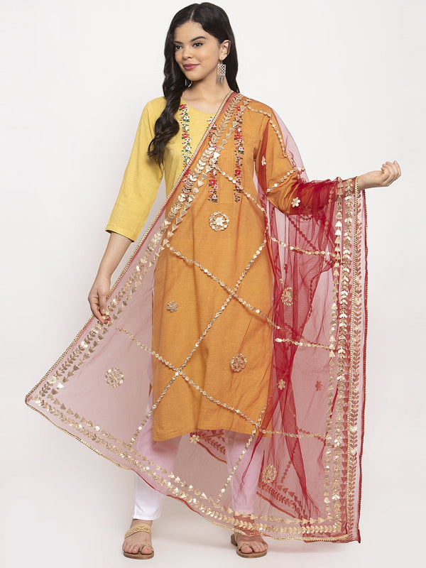 Women's Red Gotta Patti Net Dupatta - Wahe-NOOR