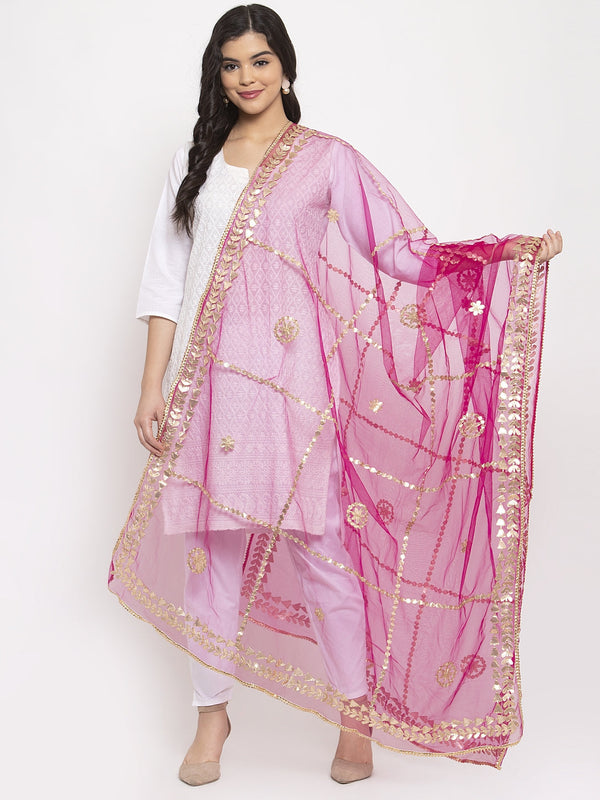 Women's Magenta Gotta Patti Net Dupatta - Wahe-NOOR