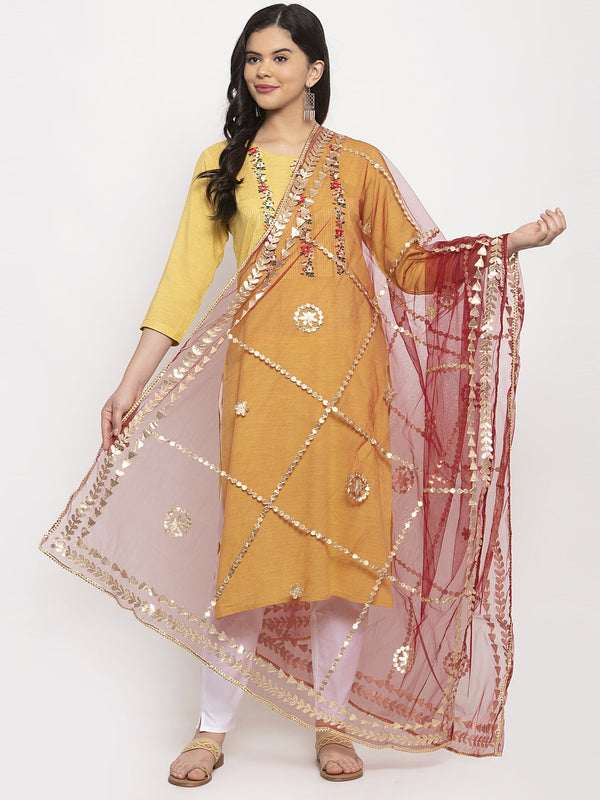 Women's Maroon Gotta Patti Net Dupatta - Wahe-NOOR