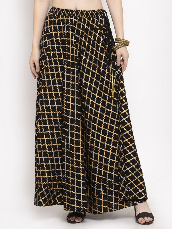 Women's Black Printed Rayon Skirt - Wahe-NOOR