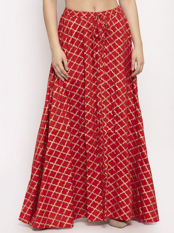 Women's Red Printed Rayon Skirt - Wahe-NOOR