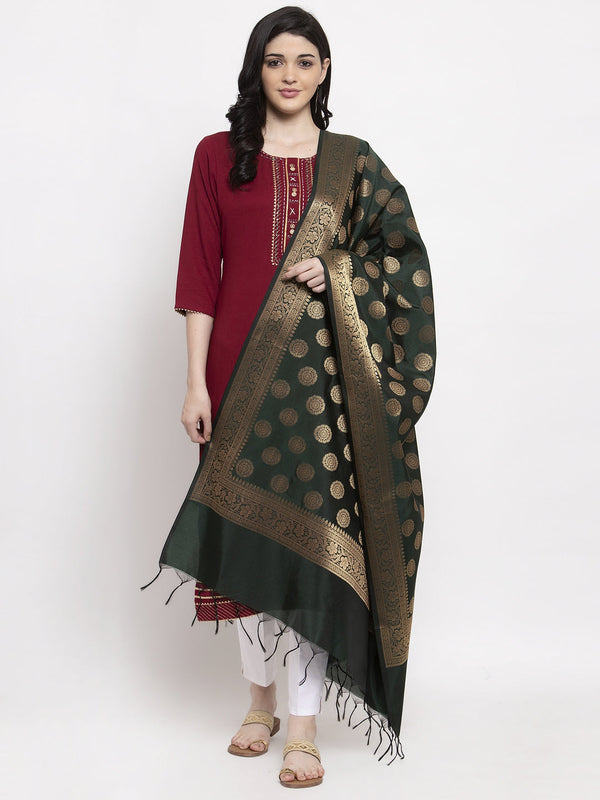 Women's Bottle Green & Gold Banarsi Poly Silk Dupatta - Wahe-NOOR