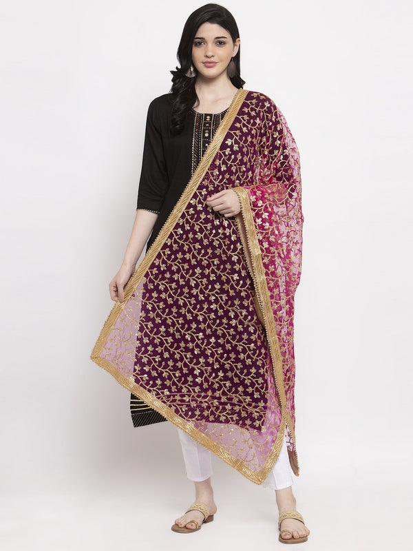 Women's Magenta Embellished Net Dupatta - Wahe-NOOR