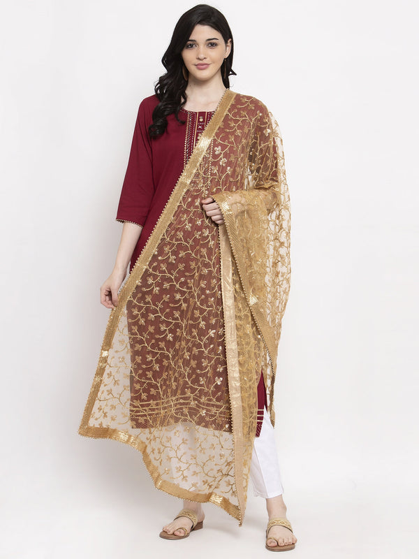 Women's Golden Embellished Net Dupatta - Wahe-NOOR