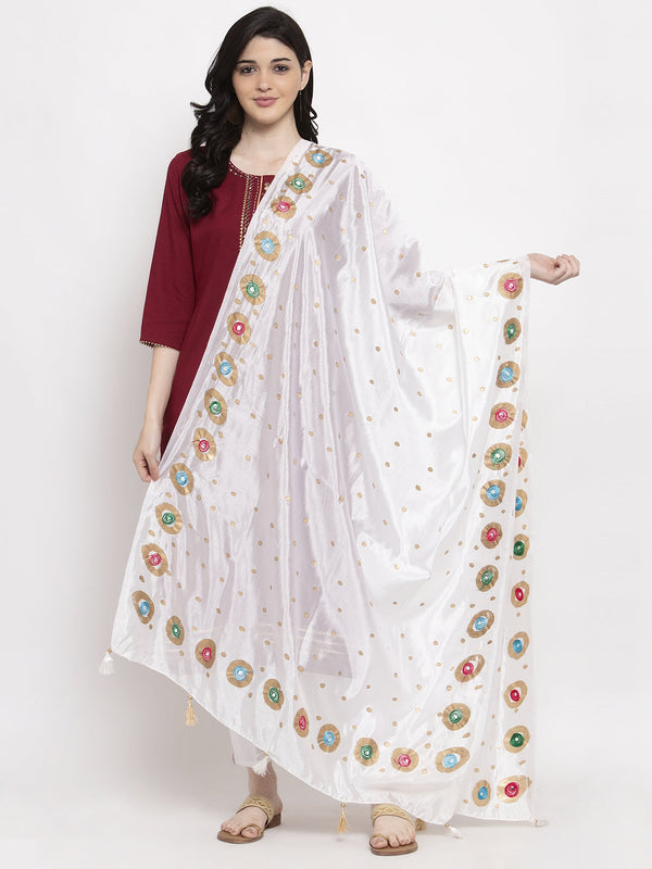 Women's White Printed Poly Silk Dupatta - Wahe-NOOR